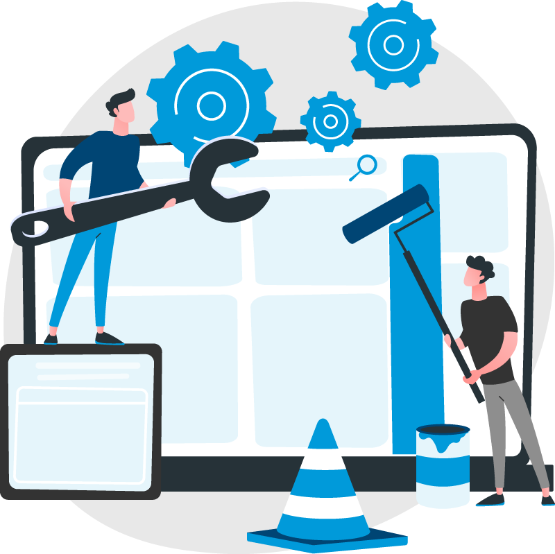 Ilustración de personas haciendo ajustes de mantenimiento y diseño de una web.